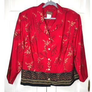 Vintage 90s Red Floral Border Print Blouse Plus Size 24W 3X Lisa II Teacher Core